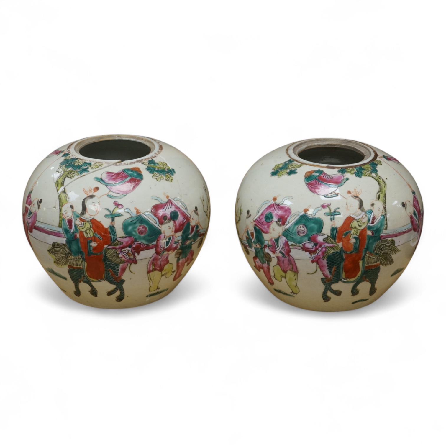 A pair of late 19th century Chinese famille rose jars, without covers, 19cm high.